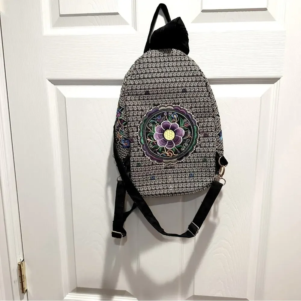 Floral Embroided Backpack Boho Bohemian Black Purple Mexican